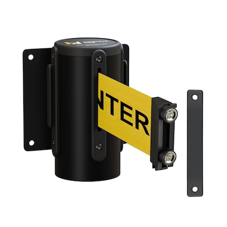 Montour Line Retr. Belt Barrier Fxd Black Metal Wall Mt 8.5' Cau.Belt WM115-BK-CAUYB-F-M-85